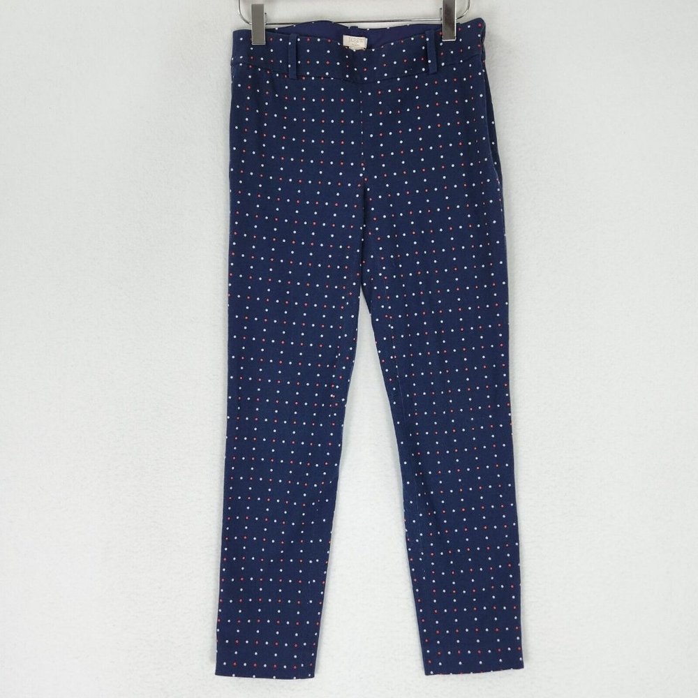 J Crew Pants Womens 00 Blue Red White Polka Dot Skinny Leg Patriotic Classic